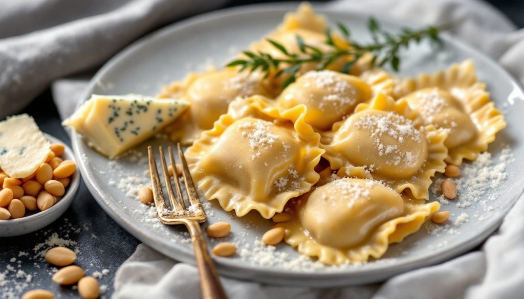 Receta: Tortelli de Taleggio y Peras con Pesto de Nueces y Tomillo.
